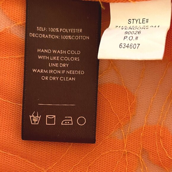 Multiples Tangerine Brocade Button Up Sheer Top 3D Applique Flowers Size Medium - Picture 9 of 9